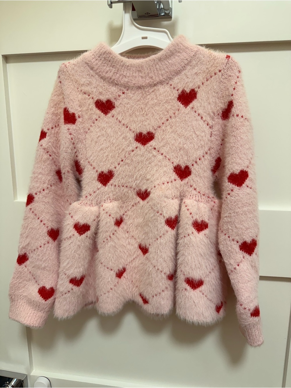 Lola + The Boys Pink Fuzzy Sweater Dress with Red Hearts